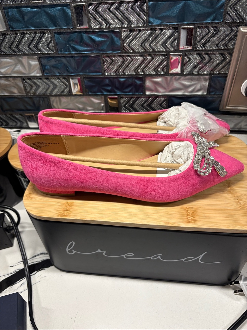 Hot Pink Pointed-Toe Flats with Crystal Bow Accent - Picture 3 of 7